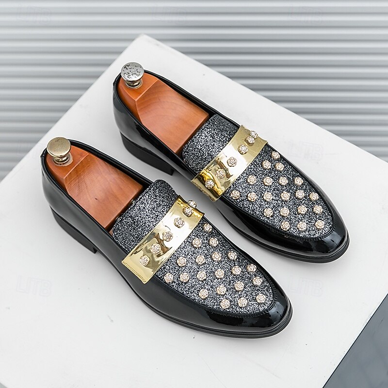Men's Black Patent Loafers with Studded Detail and Gold Strap, Fashionable Casual Shoes for Parties and Special Events2