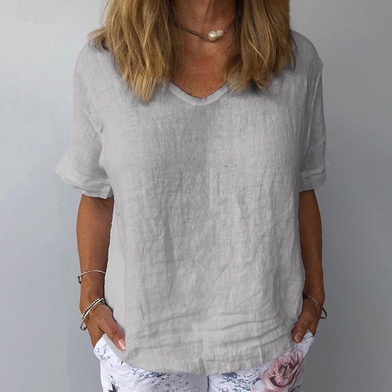 Women's Shirt Linen Shirt Cotton Linen Shirts Plain Daily Stylish Basic Short Sleeve V Neck Regular Tops Work Daily Holiday White Blue Gray Summer4
