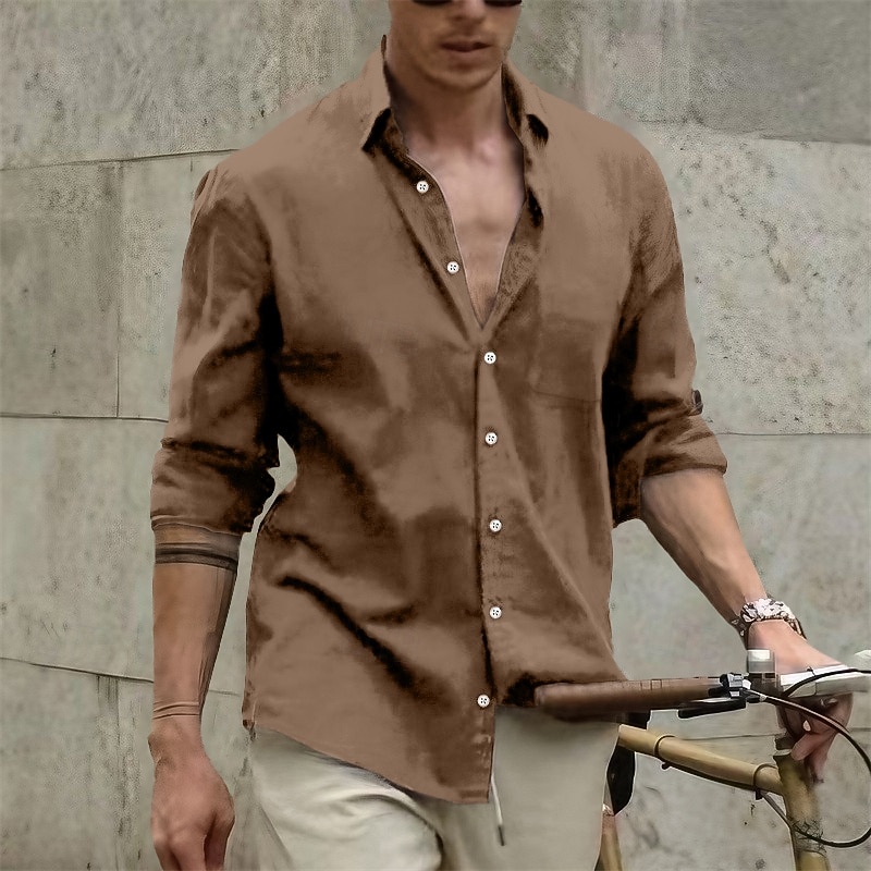 Men's Shirt Linen Shirt Summer Shirt Beach Wear Casual Shirt Button Up Shirt Plain Casual Daily White Brown Light Blue Long Sleeve Lapel Spring & Summer Clothing Apparel