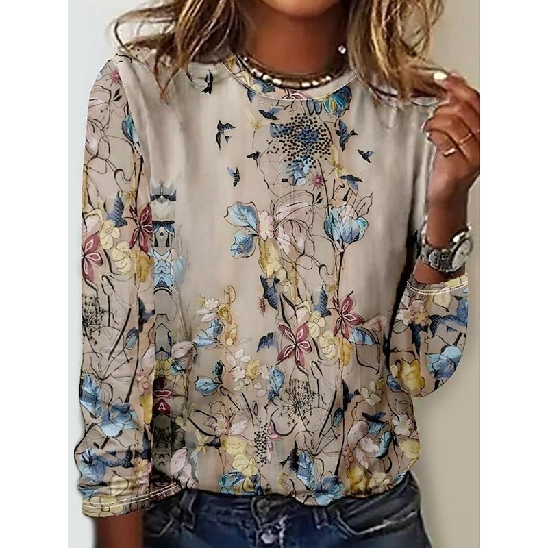 Women's T shirt Crew Neck Long Sleeve Tunic Floral Animal Plants Casual  Regular Tops Daily Going out Weekend Print Khaki