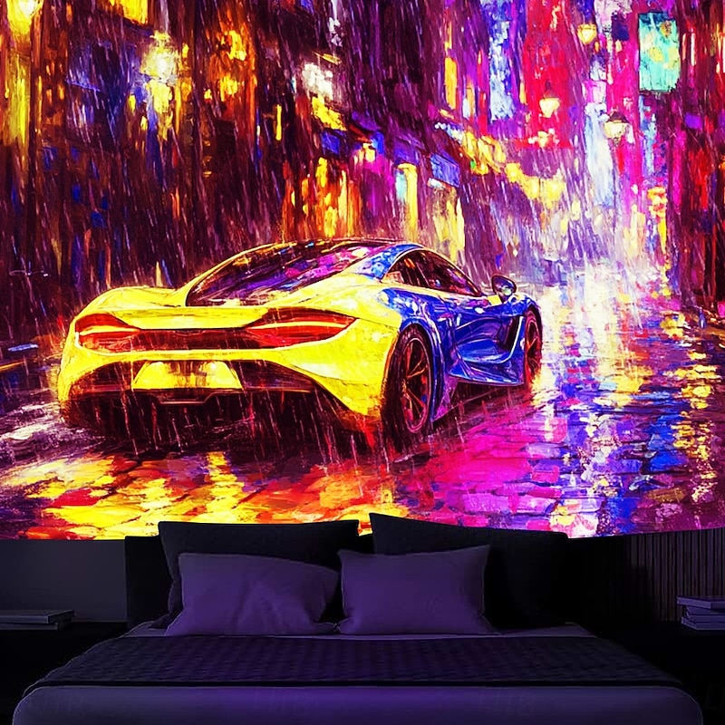 Blacklight Tapestry Glow in the Dark Glow Party UV Reactive City Street Car Trippy Misty Nature Landscape Hanging Tapestry Wall Art Mural for Living Room Bedroom3