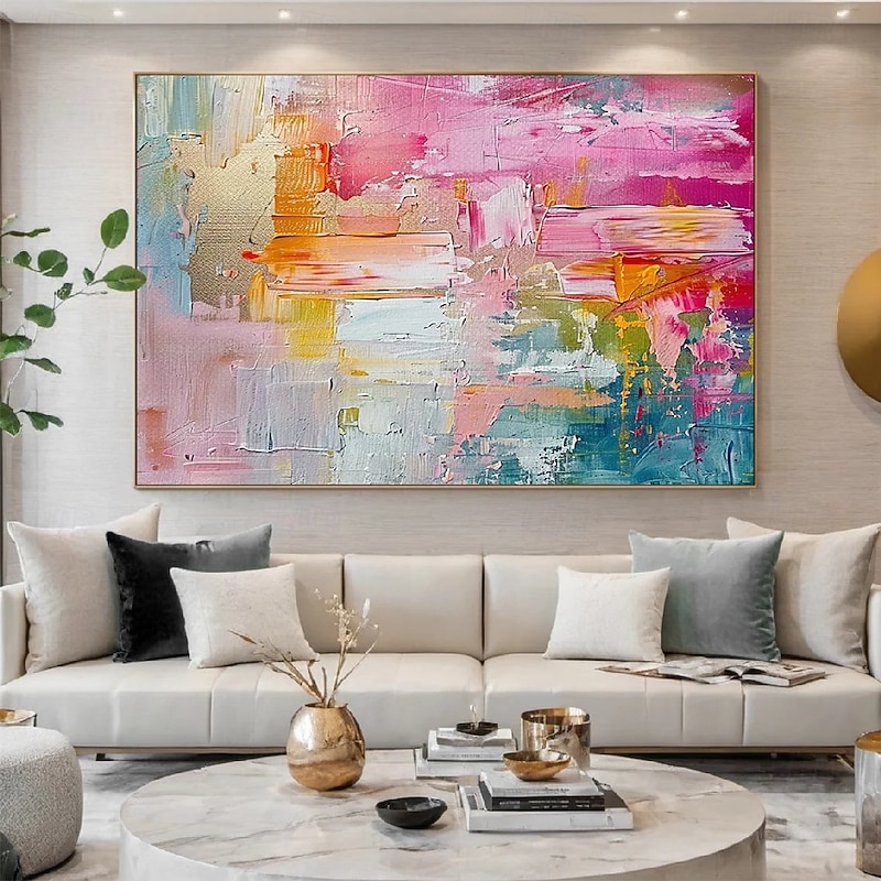 Large handmade textured pink abstract oil painting colorful oil painting handmade textured painting modern office artwoek for  living room wall decoration2