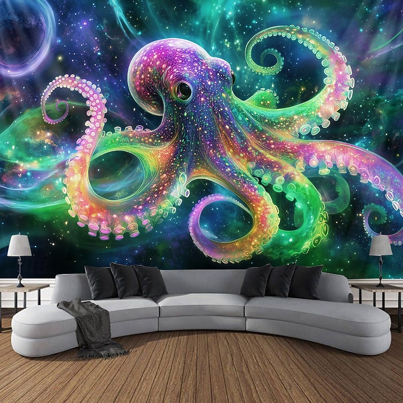 Blacklight Tapestry Glow in the Dark Glow Party UV Reactive Trippy Misty Animal Octopus Hanging Tapestry Wall Art Mural for Living Room Bedroom3