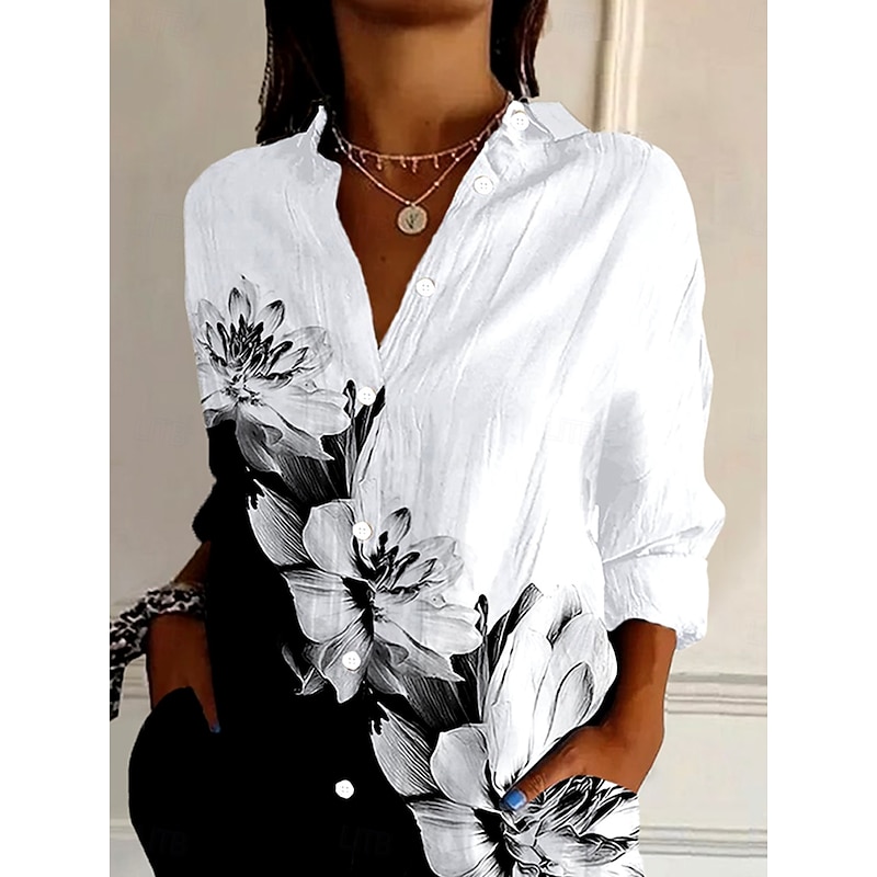 Women's Shirt Button Down Tunic Shirt Collar Long Sleeve Floral Graphic Daily Stylish Retro Vintage 3/4 Length Sleeve Regular Tops Daily Holiday Going out s Black Spring2