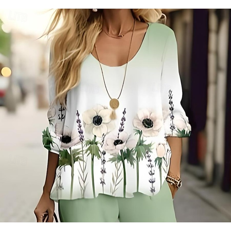 Women's 2 Pieces Basic Neon & Bright Shirt Blouse 3/4 Length Sleeve V Neck Ombre Floral Print Casual Linen Like White Navy Blue Blue Summer Regular Fit2