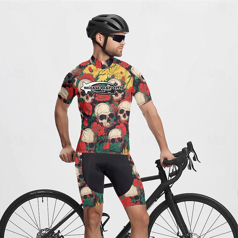 Men's Cycling Jersey Skull Short Sleeve Bike Tee Tshirt Jersey with 3 Rear Pockets Mountain Bike MTB Quick Dry Anatomic Design Wicking Breathable Sports Black Yellow Army Green Clothing Apparel2