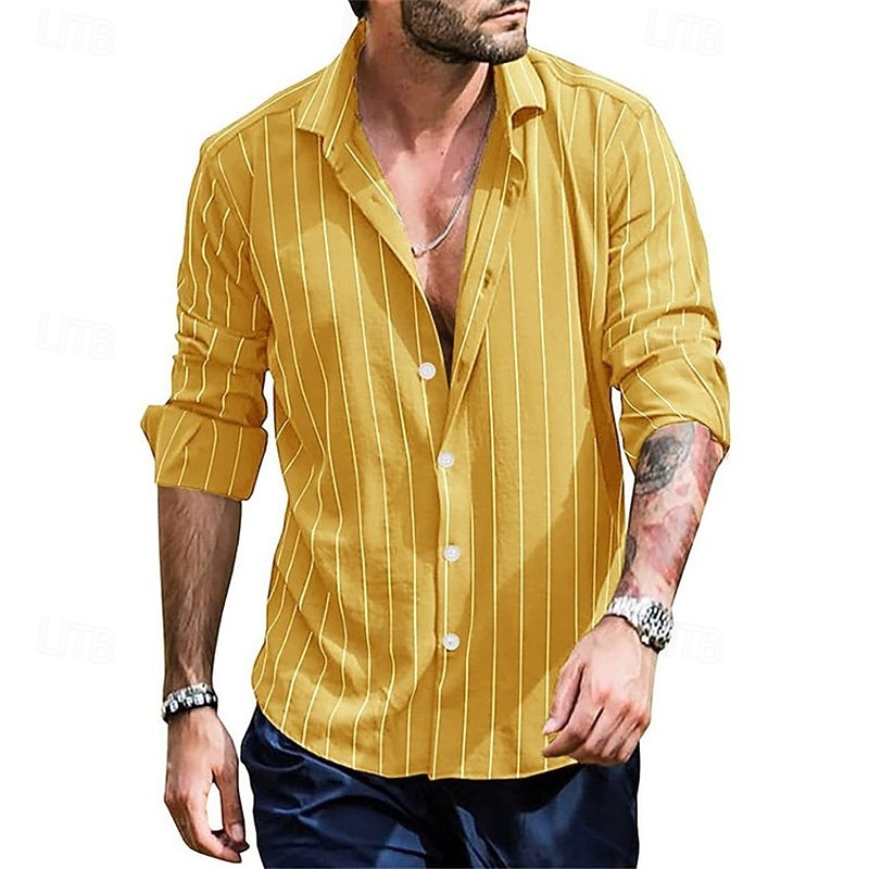 Men's Shirt Summer Shirt Casual Shirt Beach Shirt Button Up Shirt Black White Yellow Light Green Pink Long Sleeve Stripe Lapel Vacation Hawaiian Button-Down Clothing Apparel Polyester Fashion Casual2