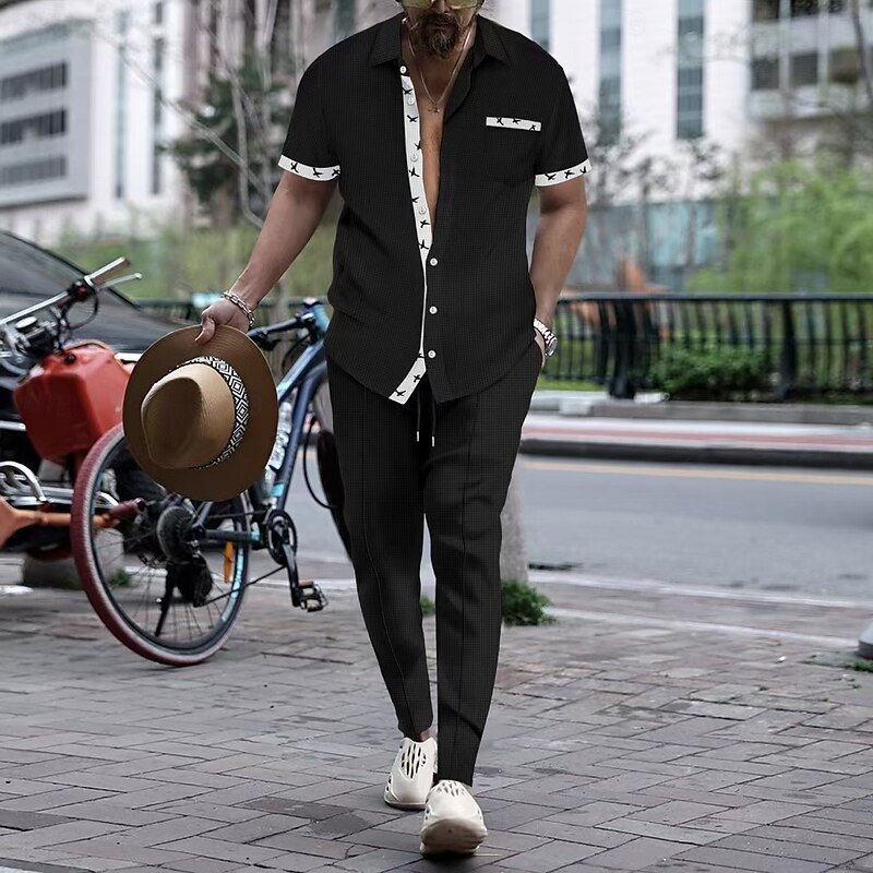 Men's T-shirt Suits Shirt and Pant Sets 2 Pieces Outfits Short Sleeve Lapel Summer Color Block Fashion Casual 2 Piece Vacation Daily Wear Going out Black White Wine Top Tee for Men2