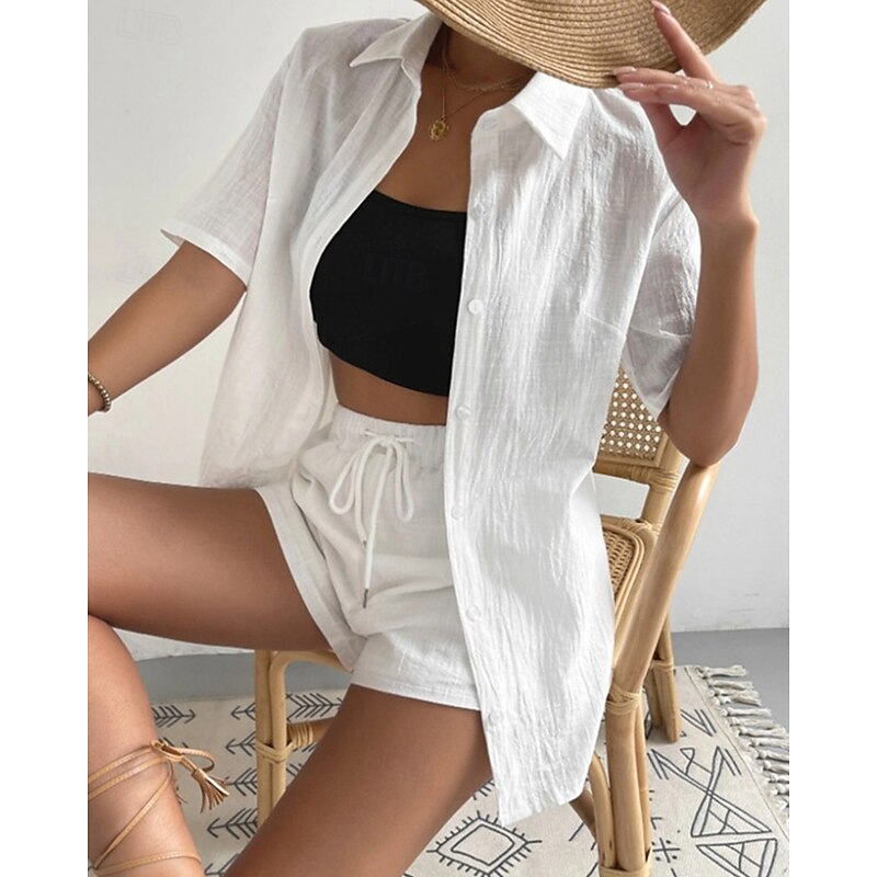 Women's Fashion Streetwear Shirt Linen-Inspired Sets Two Piece Sets Below Knee Length Shorts Short Sleeve Shirt Collar Solid Color Drawstring Daily Wear Date White Green Khaki Summer Regular Fit