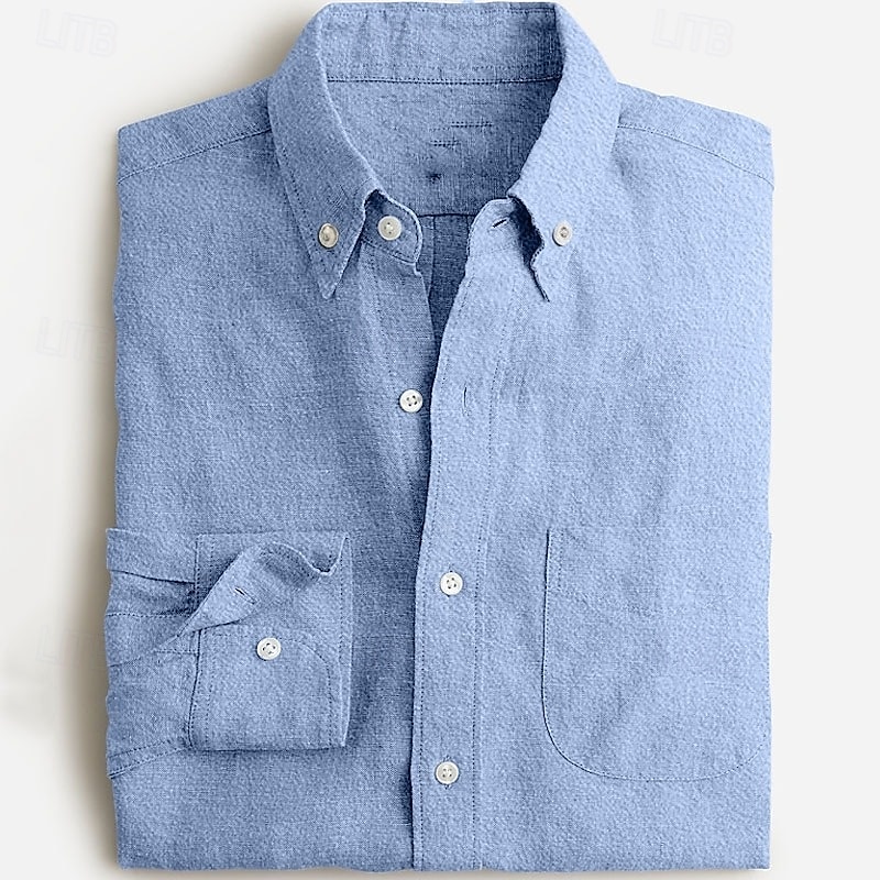 Men's Linen Shirt Summer Shirt Casual Shirt Plain Vacation Casual White Pink Sky Blue Brown Long Sleeve Tab Collar Spring & Summer Clothing Apparel