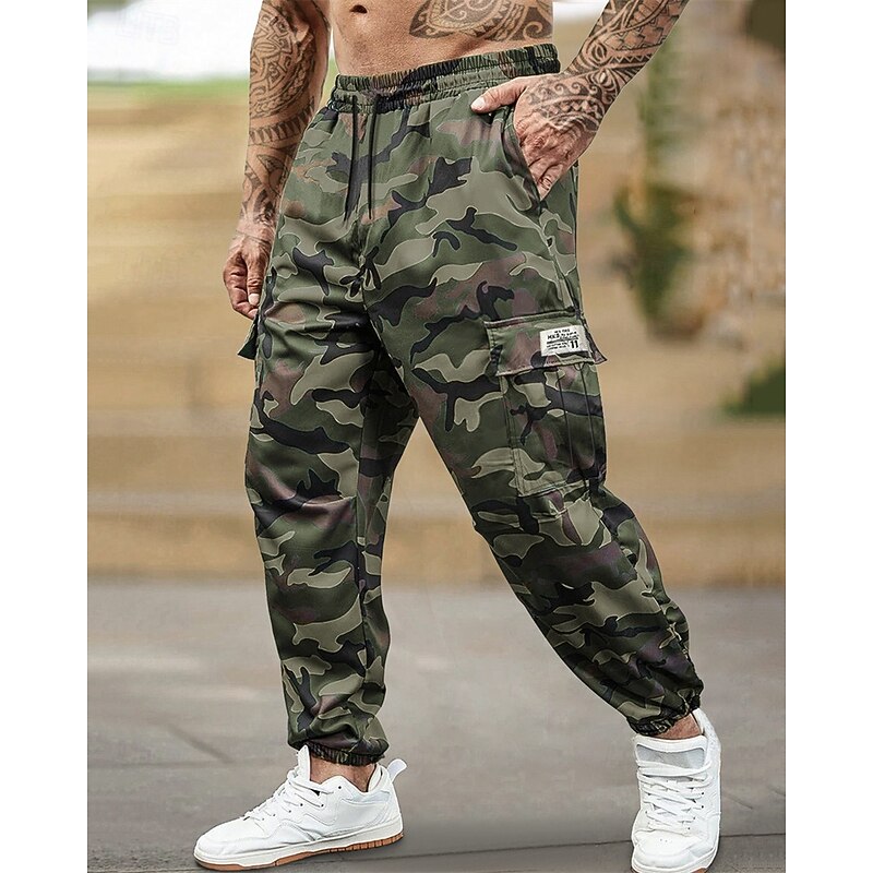 Men's Cargo Pants Trousers Drawstring Elastic Waist Multi Pocket Camo Camouflage Wearable Outdoor Daily Camping & Hiking Fashion Classic Green Khaki3