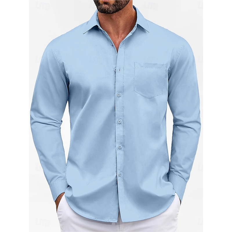 Men's Classic Casual Shirt Homecoming Standard Fit Long Sleeve Lapel Solid Color Polyester Black Sky Blue Grey 2025