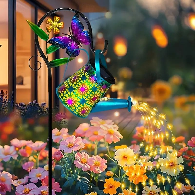 Solar Watering Kettle Light with Colorful Butterfly Shepherd Hook Waterproof Solar Garden Light Wrought Iron LED Outdoor Garden Light for Courtyard Terrace Sidewalk Lawn Decoration2