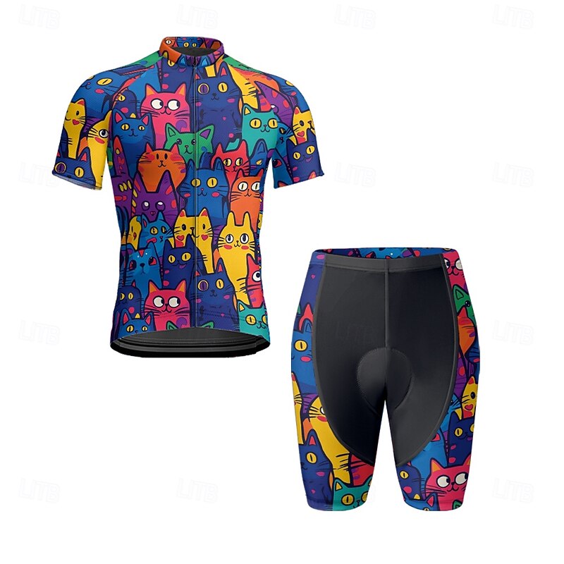 Men's Cycling Jersey with Shorts Cat Short Sleeve Bike Clothing Suit with 3 Rear Pockets Mountain Bike MTB Road Bike Cycling Front Zipper Sweat wicking Comfortable Breathable Sports Black Navy Blue