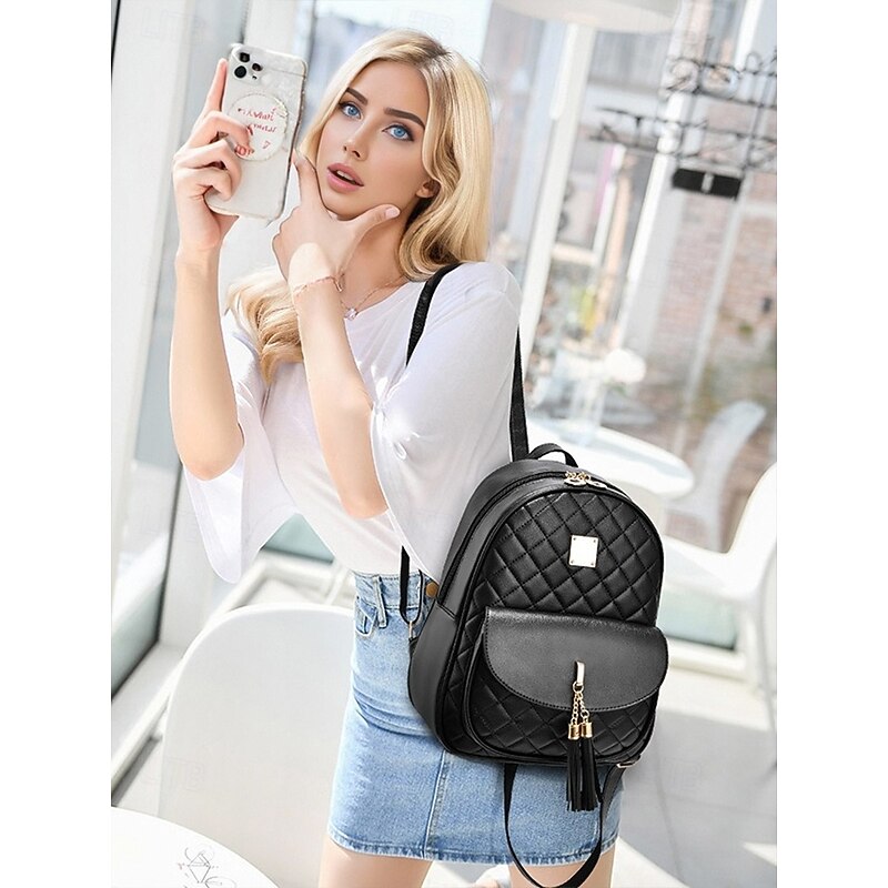 Women's Quilted Pink Leather Backpack Wristlet Card Holder Three-Piece Set , Including Wallet and Card Holder, Fashionable and Practical, Suitable for Daily Use, Work and Casual Outings2