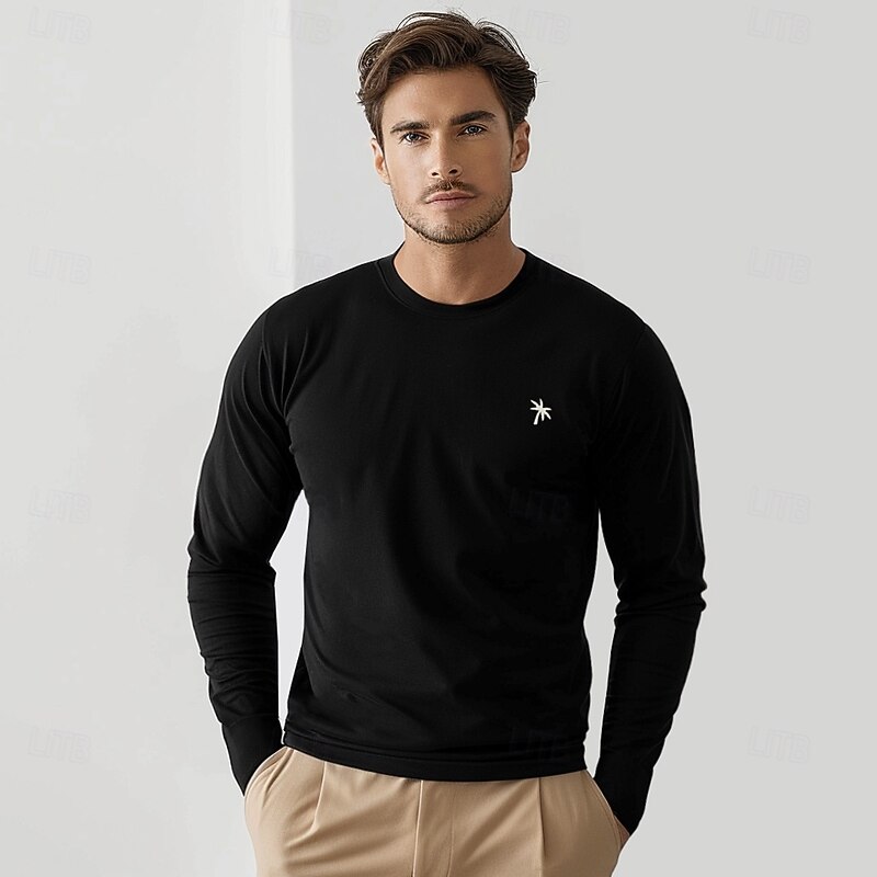 Men's Cotton T shirt Tee Embroidered Palm Tree Crew Neck Training Outdoor Long Sleeve Clothing Apparel Elegant Warm Vacation Vintage