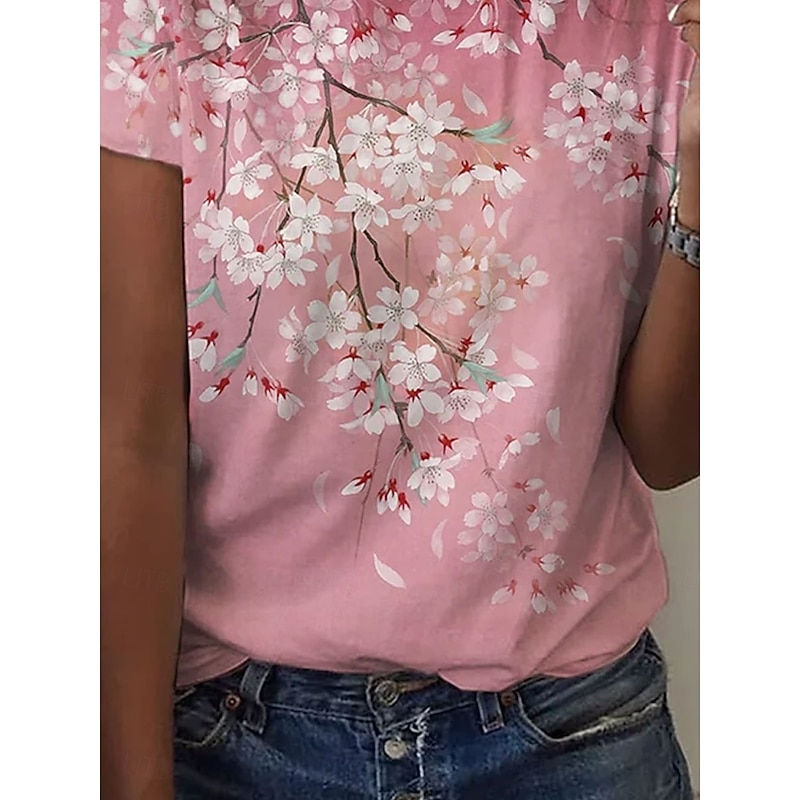 Women's T Shirt Floral Casual Short Sleeve Round Neck Regular Tops Daily Print Pink Blue Summer3