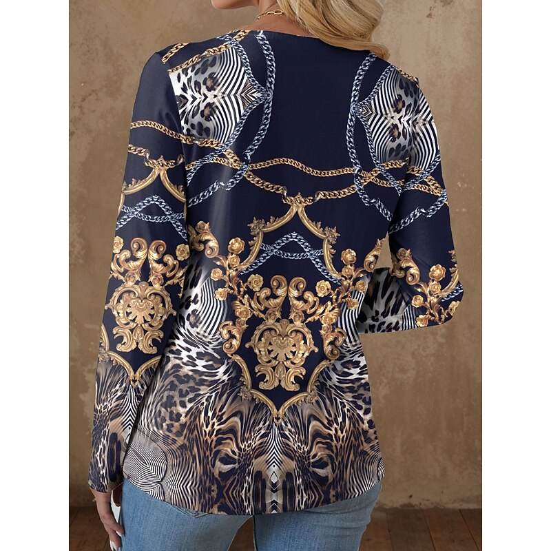 Women's T Shirt Graphic Leopard Paisley Casual Long Sleeve V Neck Regular Tops Daily Cut Out Print Navy Blue Spring Fall2