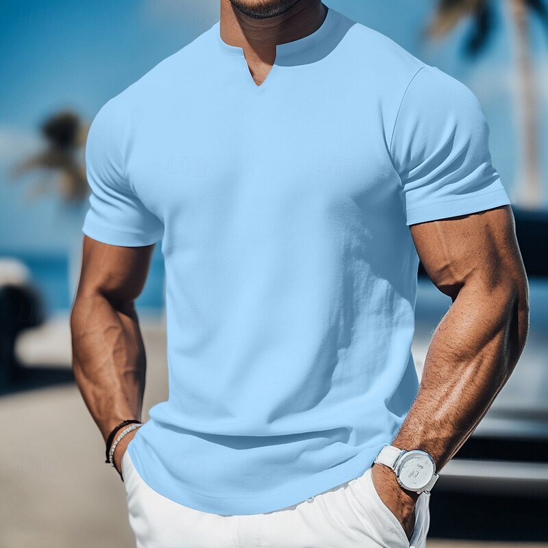Men's T Shirt Short Sleeve V Neck Summer Plain Fashion Classic Comfortable V Neck Casual Sports Holiday Light Blue Dark Brown Black Top Tee for Men