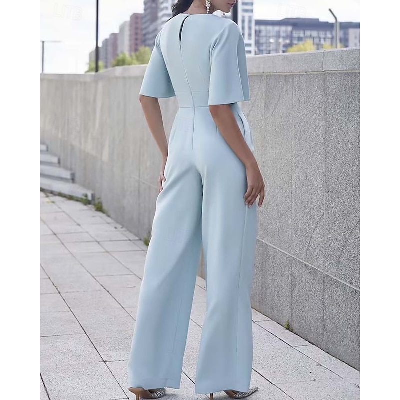 Jumpsuit Mother of the Bride  Elegant Simple Minimalist V Neck Floor Length Crepe Short Sleeve with Pleats Ruching Solid Color2