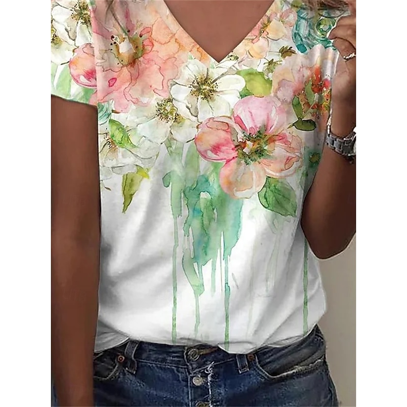 Women's T Shirt Floral Casual Short Sleeve Round Neck Regular Tops Daily Print White Summer3