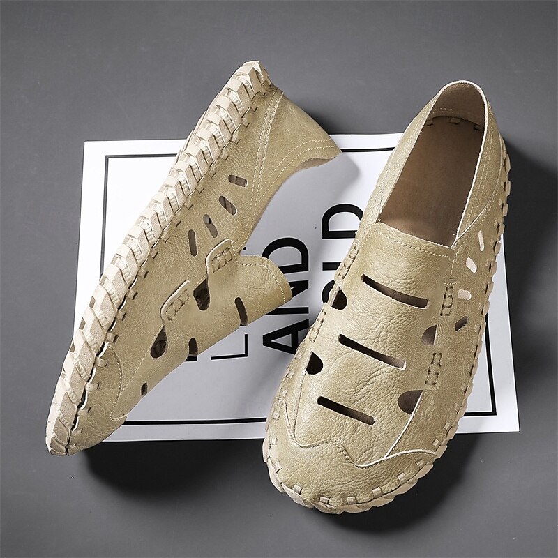 Men's Beige Leather Fisherman Sandals with Breathable Cutout Design, Comfortable Sole for Casual, Outdoor and Summer Wear2