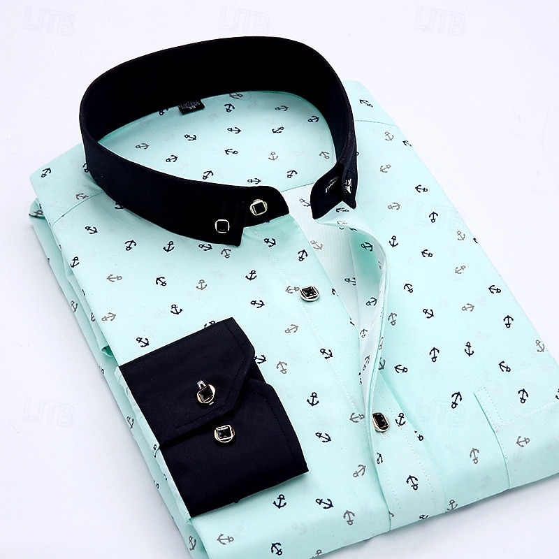 Men's Shirt Dress Shirt Button Up Shirt Anchor Wedding Party White Light Green Pink Navy Blue Long Sleeve Lapel Spring Fall Clothing Apparel Pocket