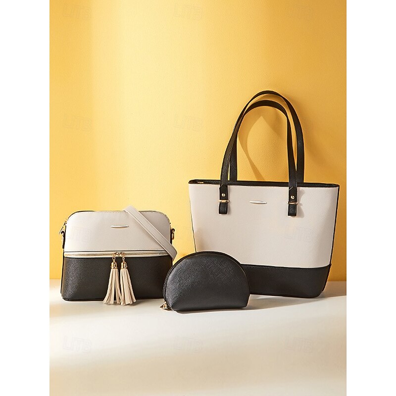 Elegant women's stylish two-tone patchwork handbag set with tassel decoration - handbag, crossbody bag and small bag - perfect for daily leisure, commuting to work3