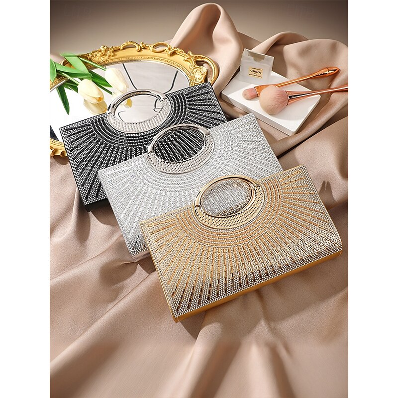 Glamorous Gold Crystal Evening Clutch with Round Handle – Rhinestone Handbag for Women, Perfect for Weddings, Parties and Formal Events3