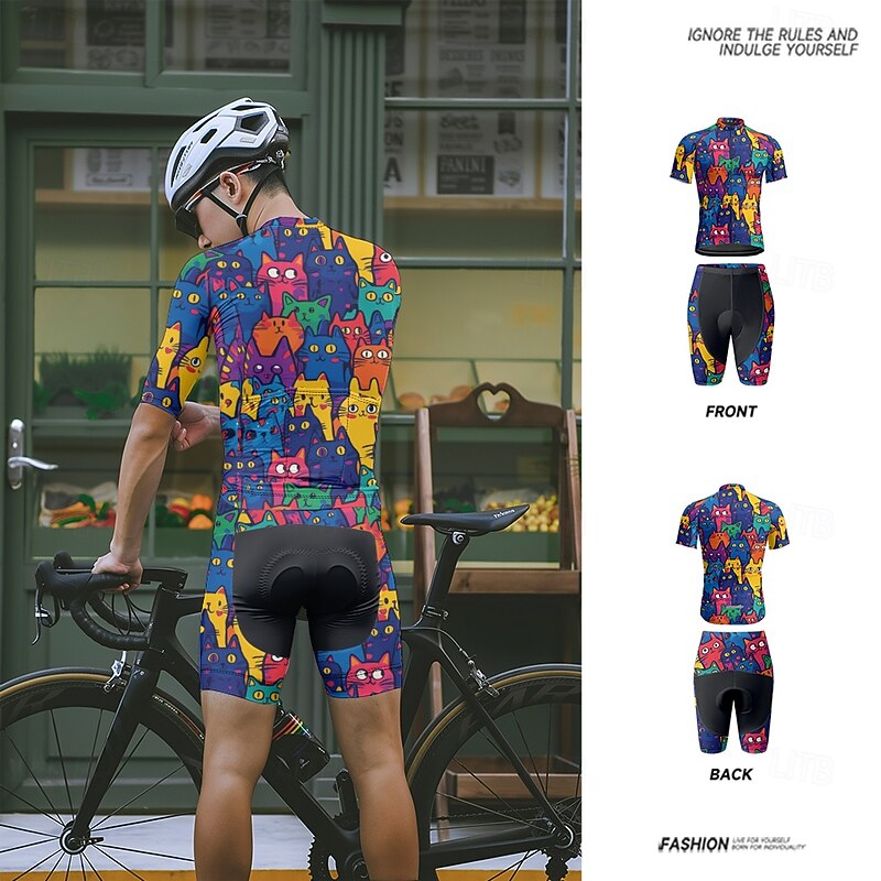 Men's Cycling Jersey with Shorts Cat Short Sleeve Bike Clothing Suit with 3 Rear Pockets Mountain Bike MTB Road Bike Cycling Front Zipper Sweat wicking Comfortable Breathable Sports Black Navy Blue3