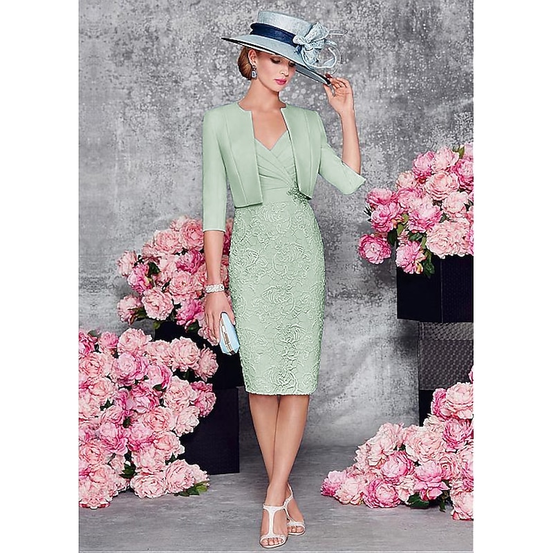 Two Piece Sheath Mother of the Bride Dress Wedding Guest Church Plunging Satin Lace Half Sleeve Short Jacket Dresses with Lace Split Front Crystal Brooch Race Day Dress4