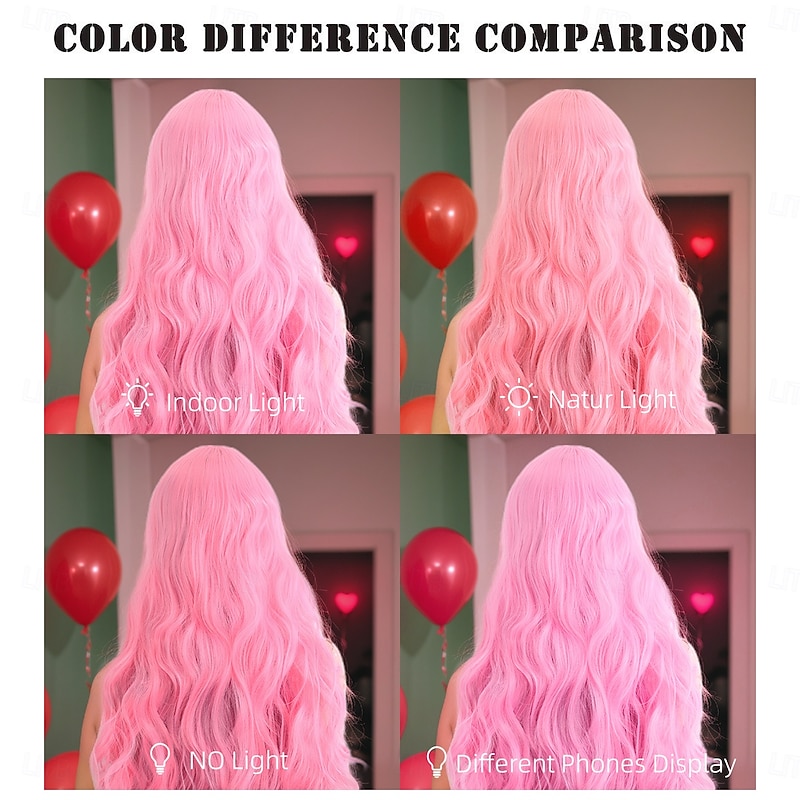 Synthetic Wig Curly Wavy With Bangs Machine Made Wig Long Pink+Red Synthetic Hair Women's Pink4