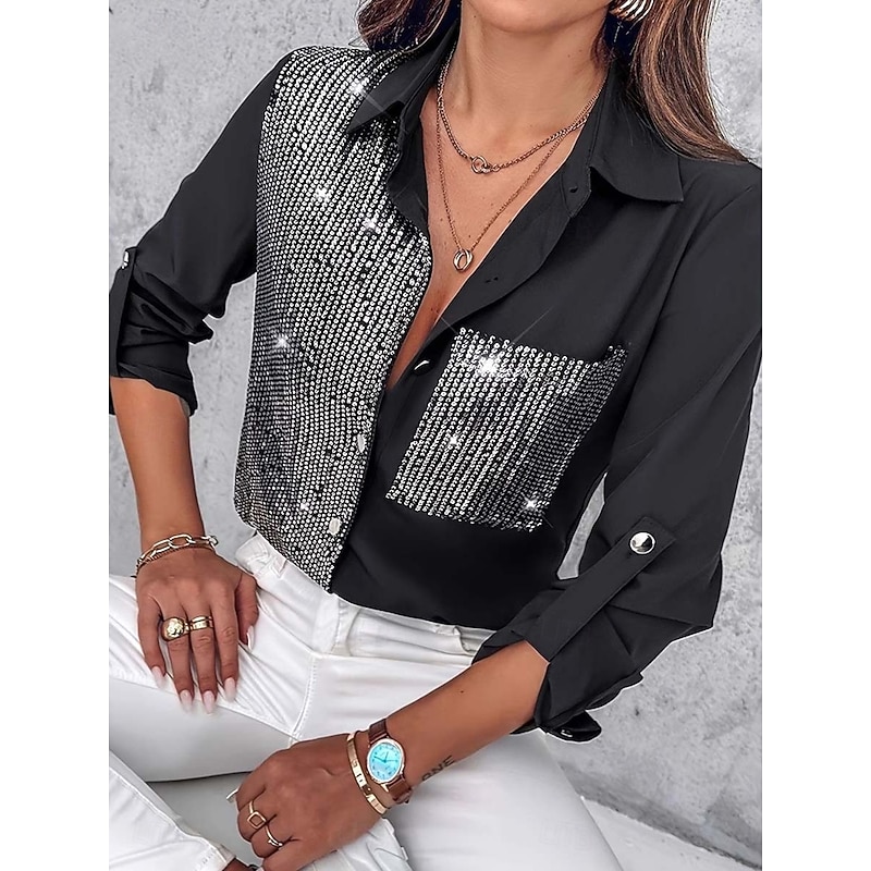 Women's Shirt Solid Color Elegant 3/4 Length Sleeve Crew Neck Regular Tops Black Summer Spring