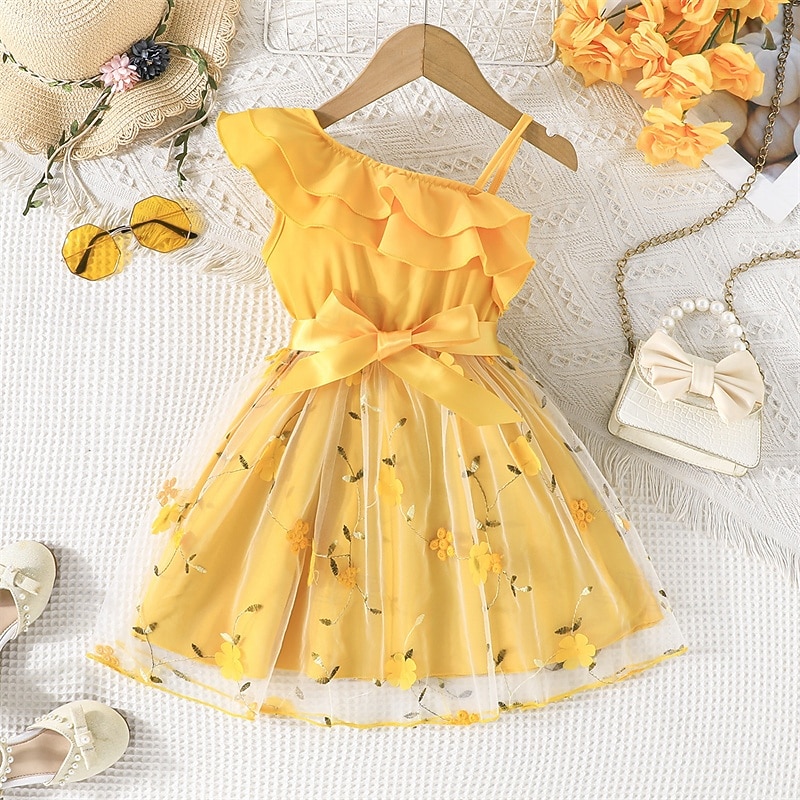 Kids Girls' Dress Floral Dress Flower Sleeveless Outdoor Casual Ruffle Fashion Daily Polyester Knee-length Casual Dress A Line Dress Summer 4 years+ Yellow Pink Red