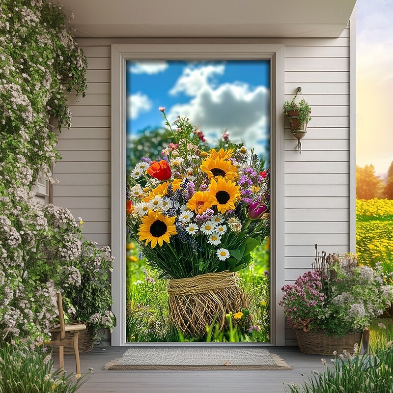 Landscape Door Decorations Door Covers Bunch of Flowers Door Tapestry Door Curtain Decoration Backdrop Indoor/Outdoor Door Banner for Front Door Farmhouse4