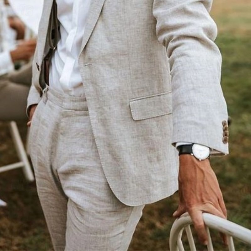 Men's Wedding Beach Linen Suits Notch Beige Solid Colored Tailored Fit 2 Piece Single Breasted One-button3