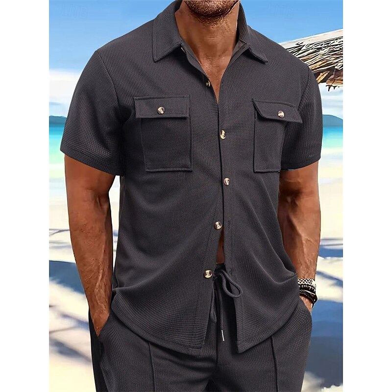 Men's Shirt Waffle Shirt Summer Shirt Casual Shirt Button Up Shirt Black White Red Green khaki Short Sleeve Plain Collar Vacation Daily Clothing Apparel Fashion Casual Comfortable2