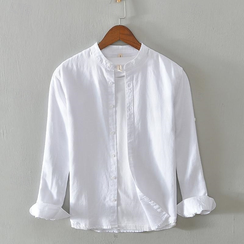 Men's Shirt Linen Shirt Casual Shirt Button Up Shirt Cotton Shirt Plain Vacation Hawaiian White Navy Blue Khaki Gray Long Sleeve Grandad Collar Spring Fall Clothing Apparel Button-Down
