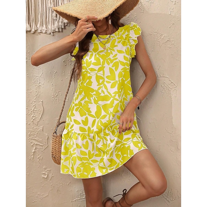 Women's Mini Dress Casual Dress Tank Dress Stylish Casual Vacation Daily Regular Fit Leaf Sleeveless Crew Neck Black Yellow Red Navy Blue Summer4