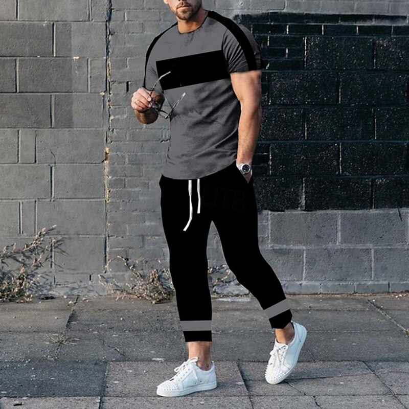 Men's T-shirt Suits Shirt and Pant Sets 2 Pieces Outfits Short Sleeve Crewneck Summer Color Block Fashion Casual 2 Piece Vacation Daily Wear Going out Black White Yellow Top Tee for Men4