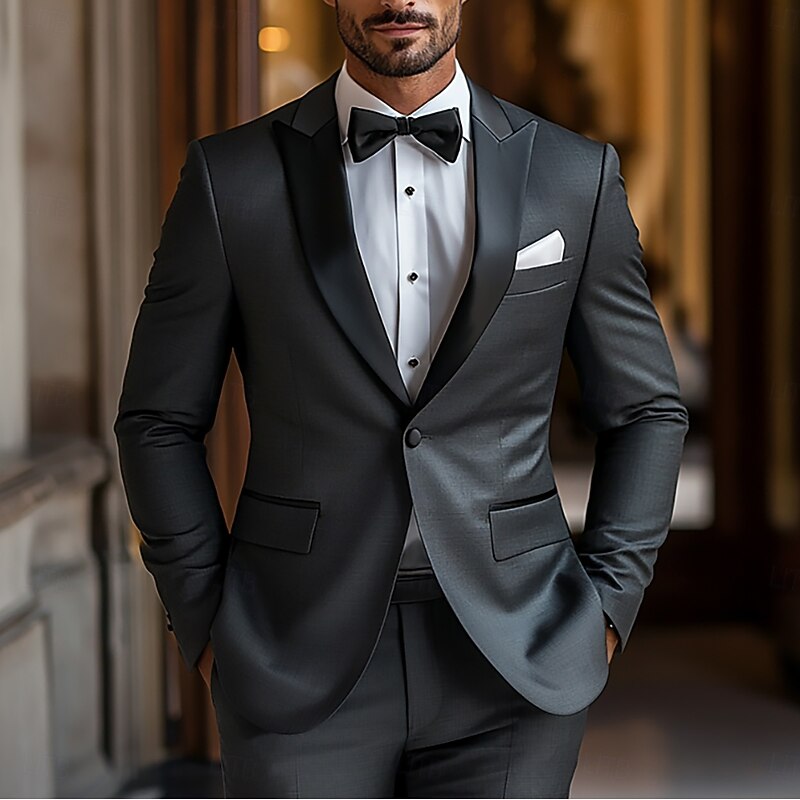 Men's Wedding Prom Party Suits Black Luxury Formal Solid Colored Tailored Fit 2 Piece Single Breasted One-button
