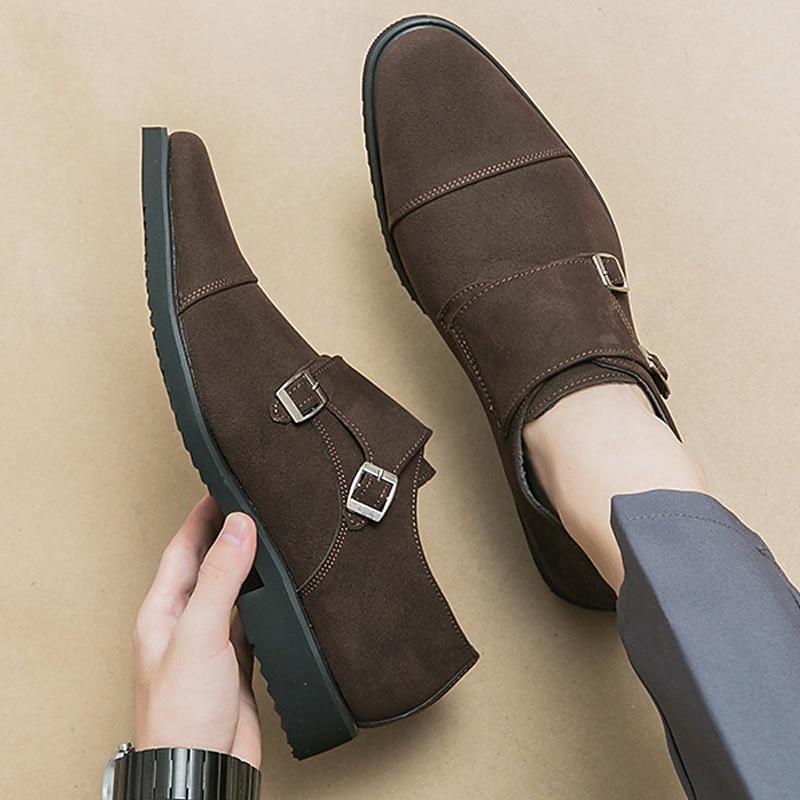 Men's Brown Double Monk Strap Shoes, Suede Upper with Buckle Detailing, Stylish Footwear for Formal and Casual Occasions4