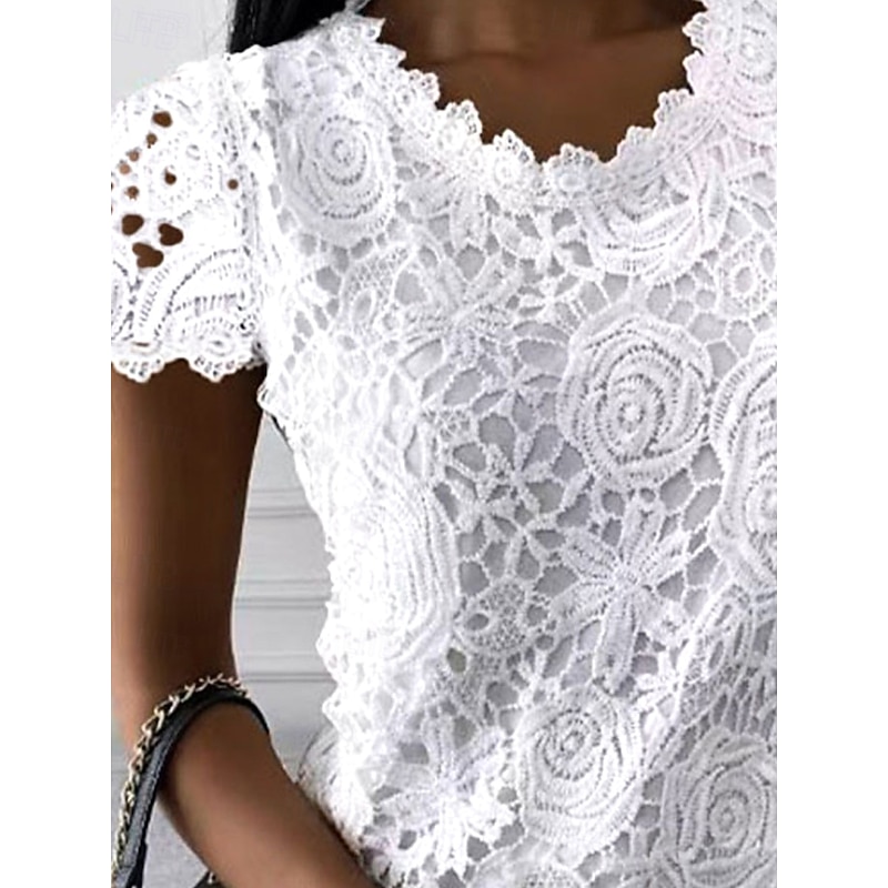 Women's Blouse Solid Color Elegant Daily Stylish Short Sleeve V Neck Regular Tops Daily Holiday Going out Lace White Pink Wine Blue Summer Spring3