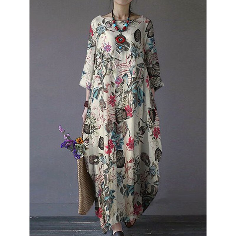 Women's Maxi Dress Cotton Linen Dresses Casual Dress Basic Casual Vacation Daily Regular Fit Floral Long Sleeve Crew Neck Magenta Navy Blue Orange Summer4