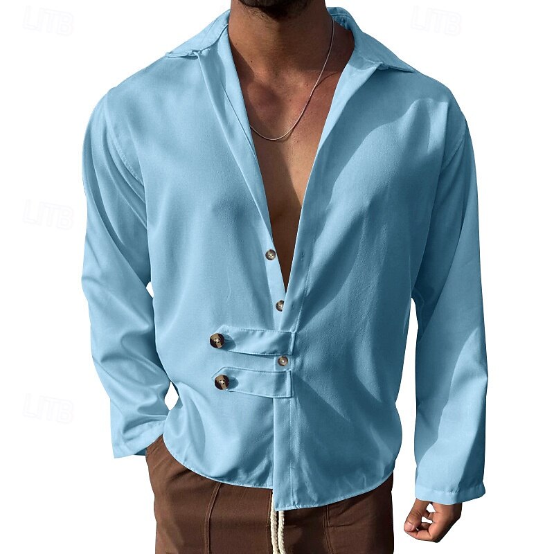 Men's Shirt Summer Shirt Casual Shirt Beach Shirt Button Up Shirt Black White Army Green Gray Light Blue Long Sleeve Plain Lapel Vacation Hawaiian Button-Down Clothing Apparel Polyester Fashion