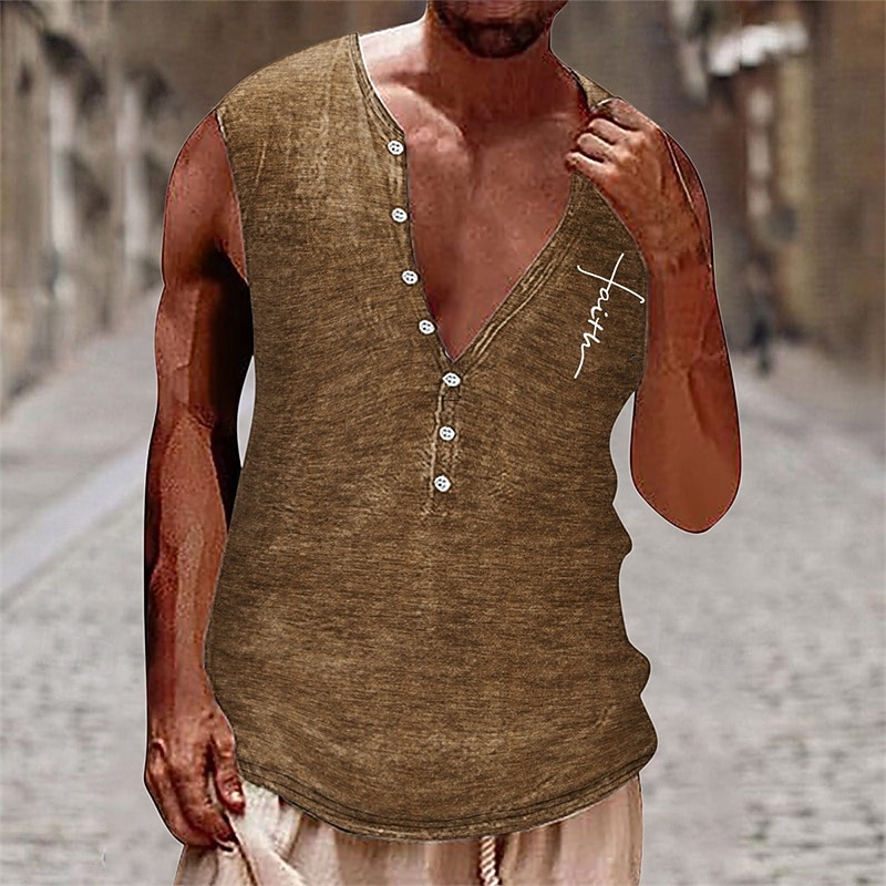 Men's Tank Top Vest Top Undershirt Sleeveless Shirt Sleeveless Henley Summer Cross Vintage Fashion Designer Buttons Vacation Street Going out Black White Brown Top Tee for Men4