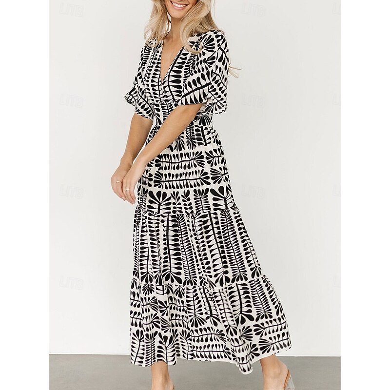 Women's Midi Dress Casual Dress Boho Chic Dresses Boho Dress Bohemia Vintage Stylish Vacation Casual Daily Regular Fit Stripe Short Sleeve V Neck Black Light Green Light Blue Summer Spring4