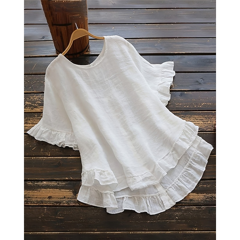 Women's Linen-Inspired Shirts Blouse Plain Daily Stylish Basic Short Sleeve Crew Neck Regular Tops Work Daily Holiday Ruffle Black White Gray Summer