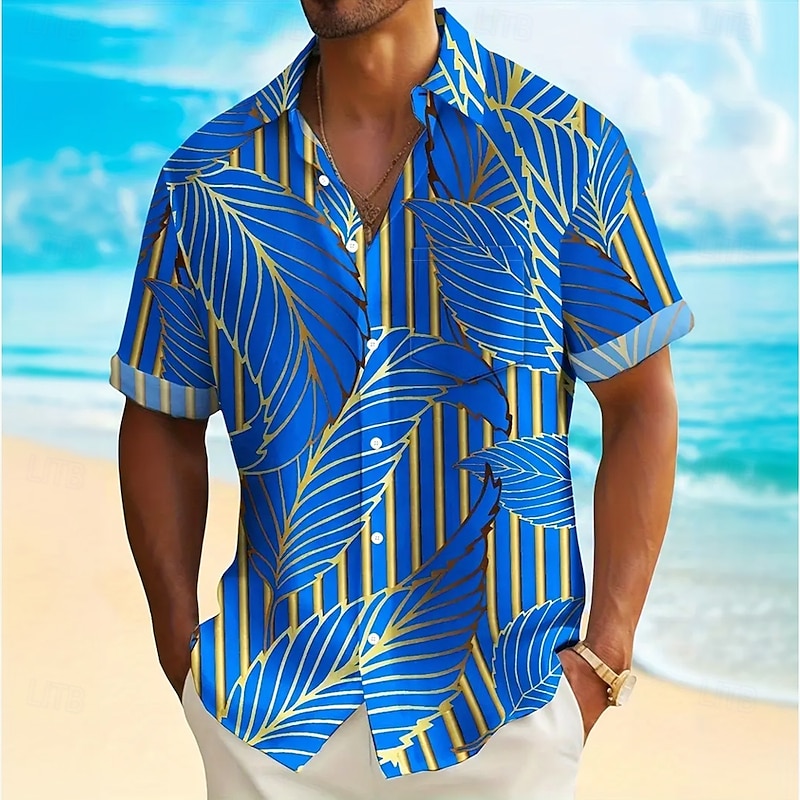 Men's Palm Leaf Tropical Plants Summer Hawaiian Shirt Button Up Shirt Short Sleeve Hawaiian Resort Vacation Holiday Beach Wear Summer Spring Turndown Collared Shirts Front One Pocket Blue Sky Blue
