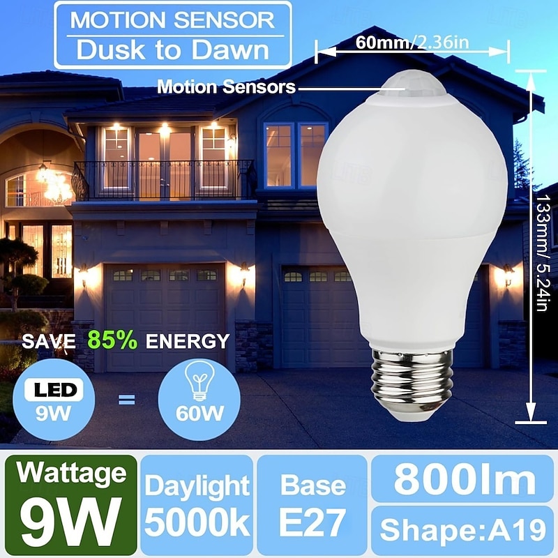 E27 PIR Motion Sensor Bulbs – Motion Activated Dusk to Dawn Security Lights for Stairs, Front Door, Porch, Garage and Basement 4pcs2